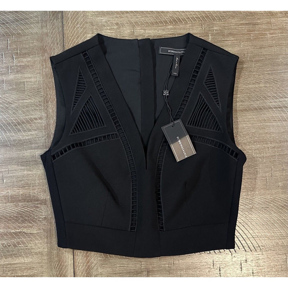 NWT BCBG MAXAZRIA Black Deep V-Neck Tank Crop Mesh Cutouts Womens Size XXS $198 - Picture 13 of 13